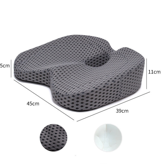 Ergonomic memory foam seat cushion with coccyx cutout, breathable mesh cover, 45x39cm, for office or car use