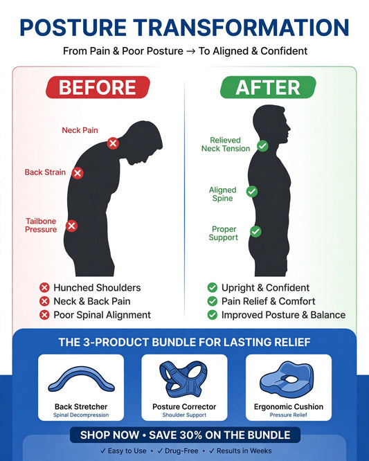 Posture transformation from pain to aligned confidence with back stretcher, posture corrector, ergonomic cushion