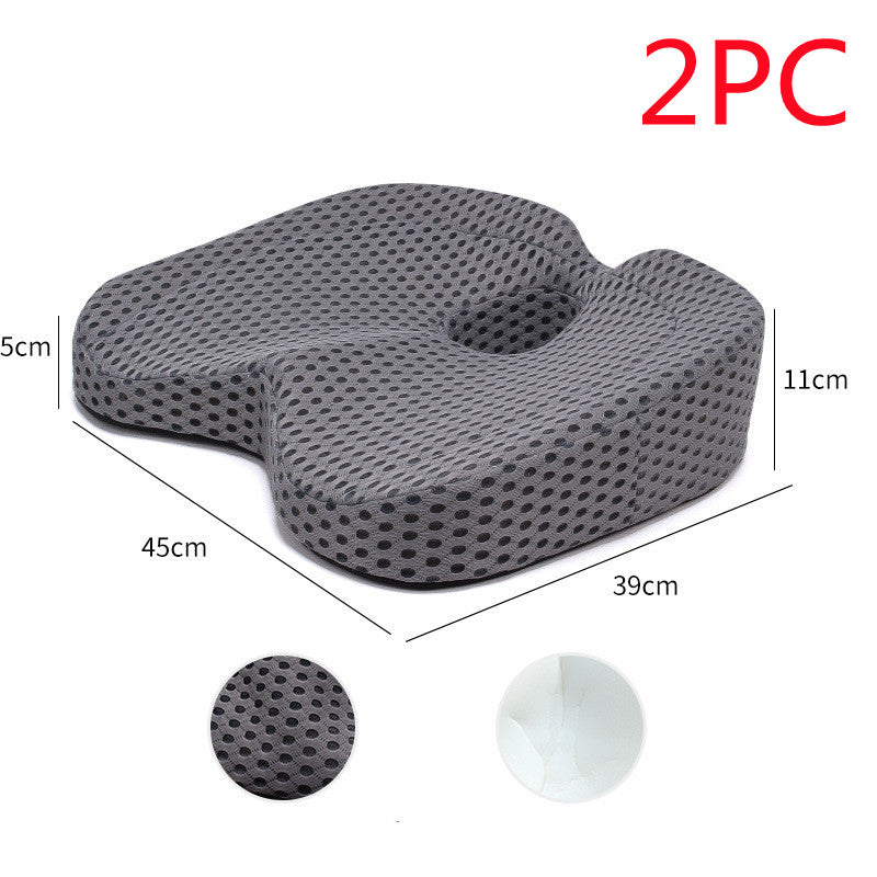 Gray perforated memory foam seat cushion with dimensions, 2PC set for comfort and support