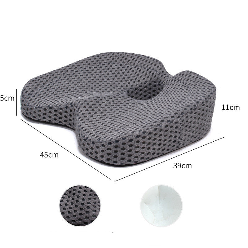 Ergonomic memory foam seat cushion with coccyx cutout, breathable mesh cover, 45x39cm, for office or car use