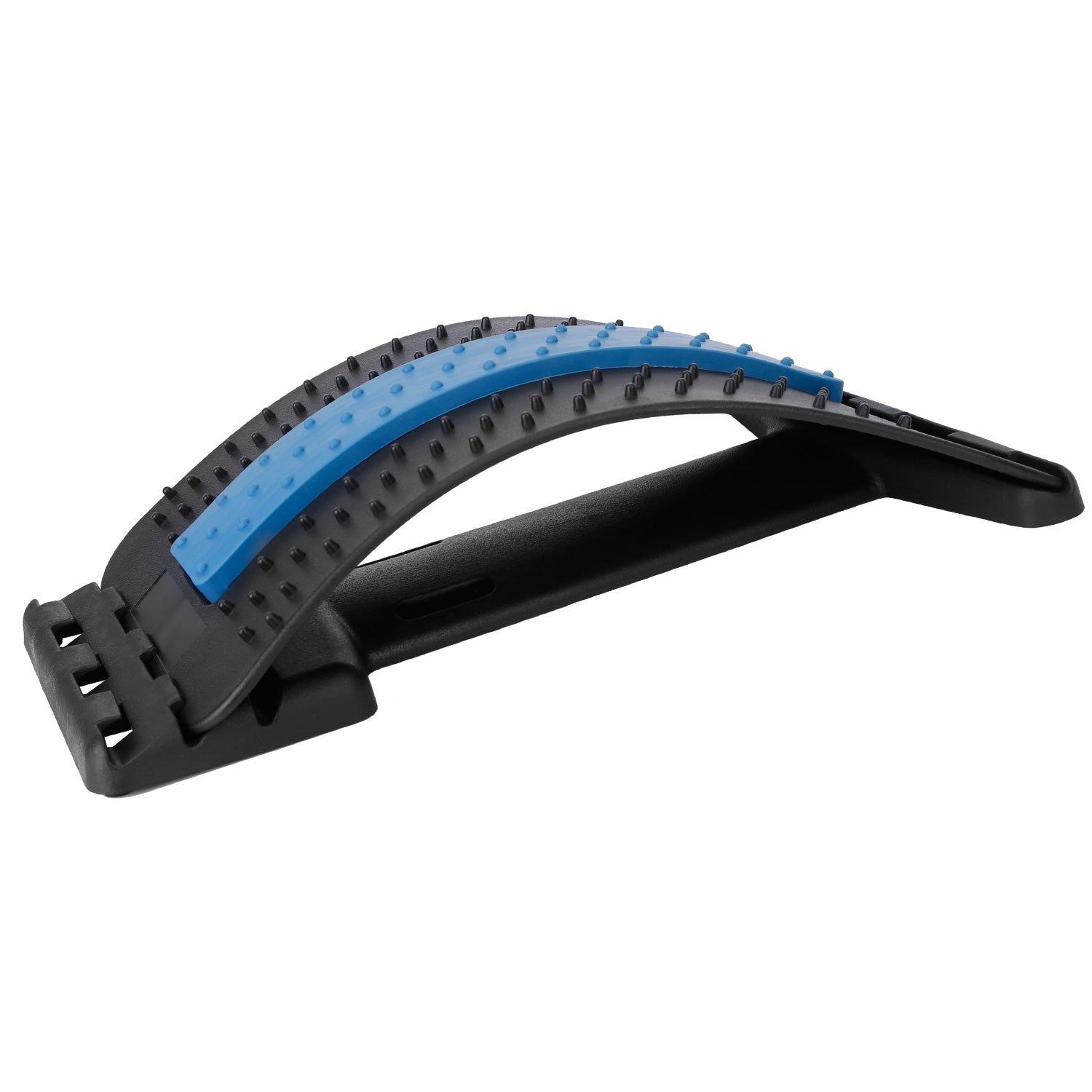 Black and blue arch-shaped foot massager with textured nodules for relaxation
