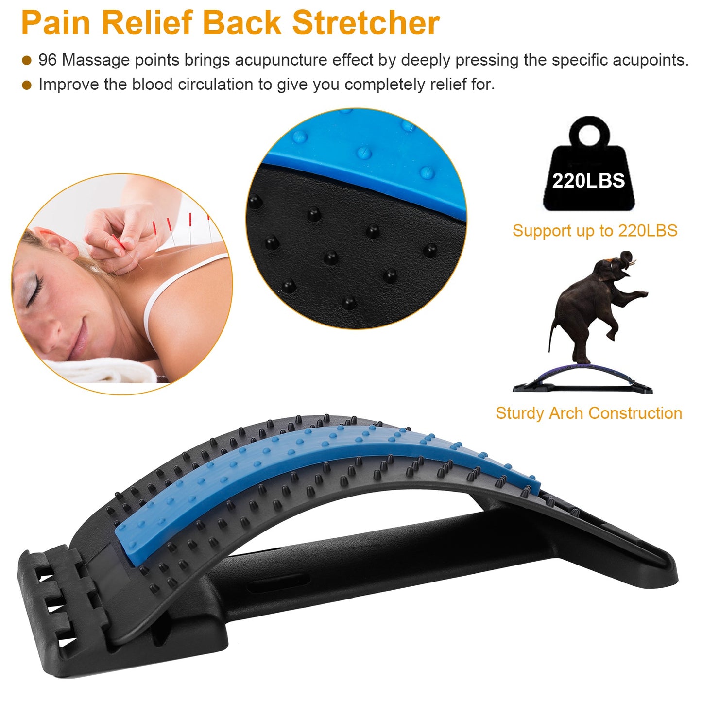 Pain Relief Back Stretcher with 96 Massage Points, Supports 220lbs, Sturdy Arch Design