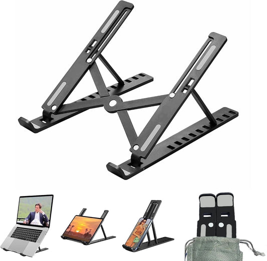Adjustable laptop, tablet, and phone stand with portable carrying bag for ergonomic desk setup