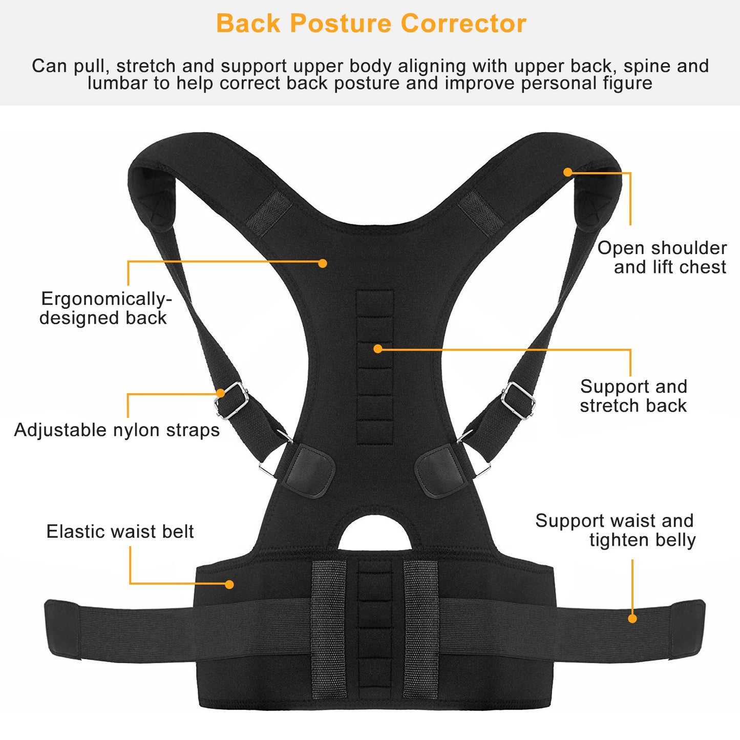 Black back posture corrector with adjustable straps and elastic waist belt for spine alignment