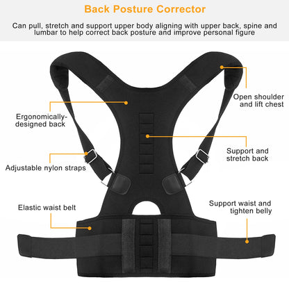 Black back posture corrector with adjustable straps and elastic waist belt for spine alignment