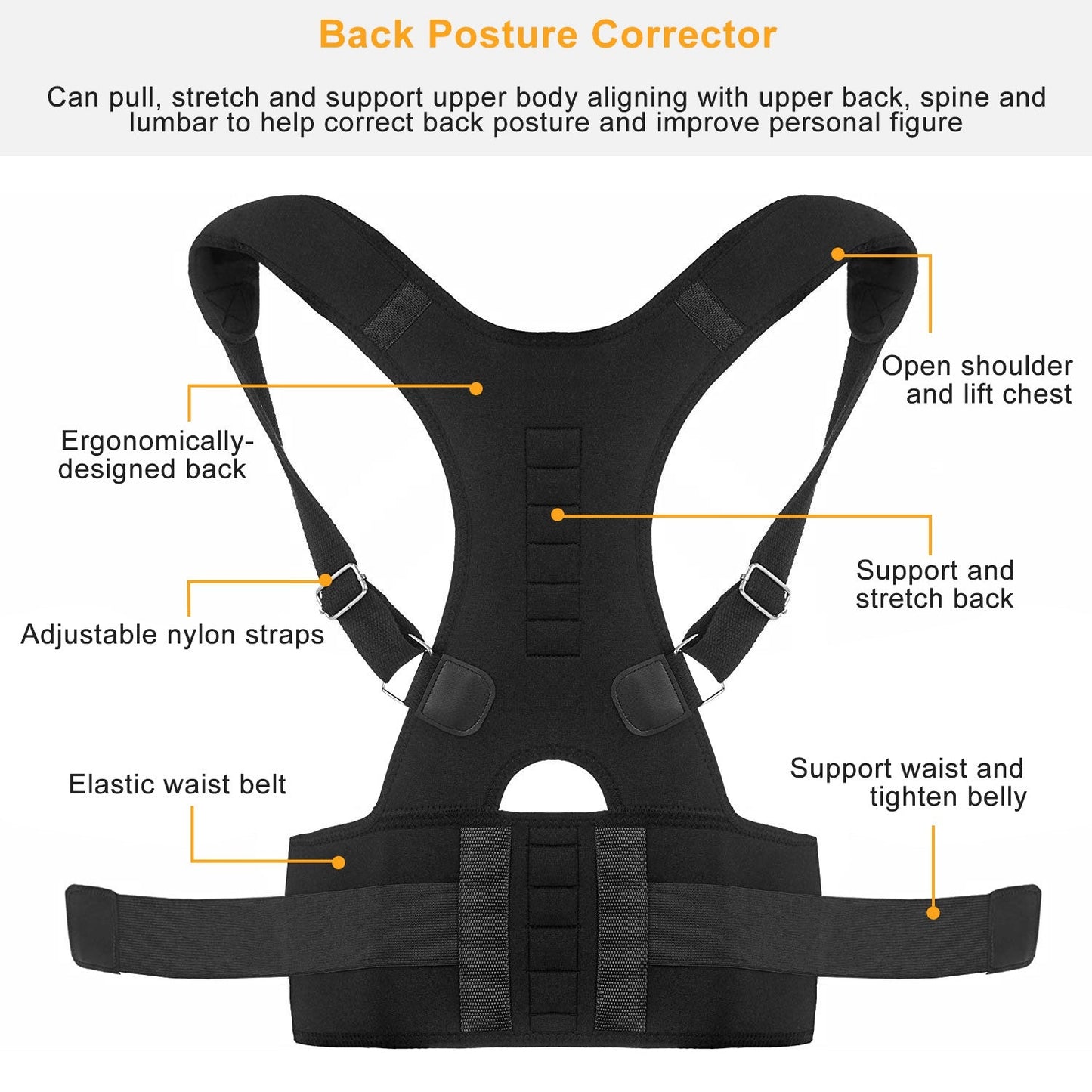 Magnetic posture corrector brace with lumbar back support pad