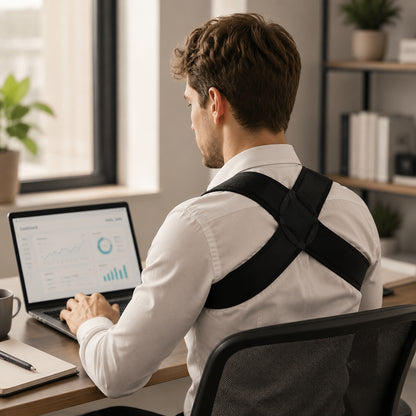 Man wearing posture corrector while working on laptop in office