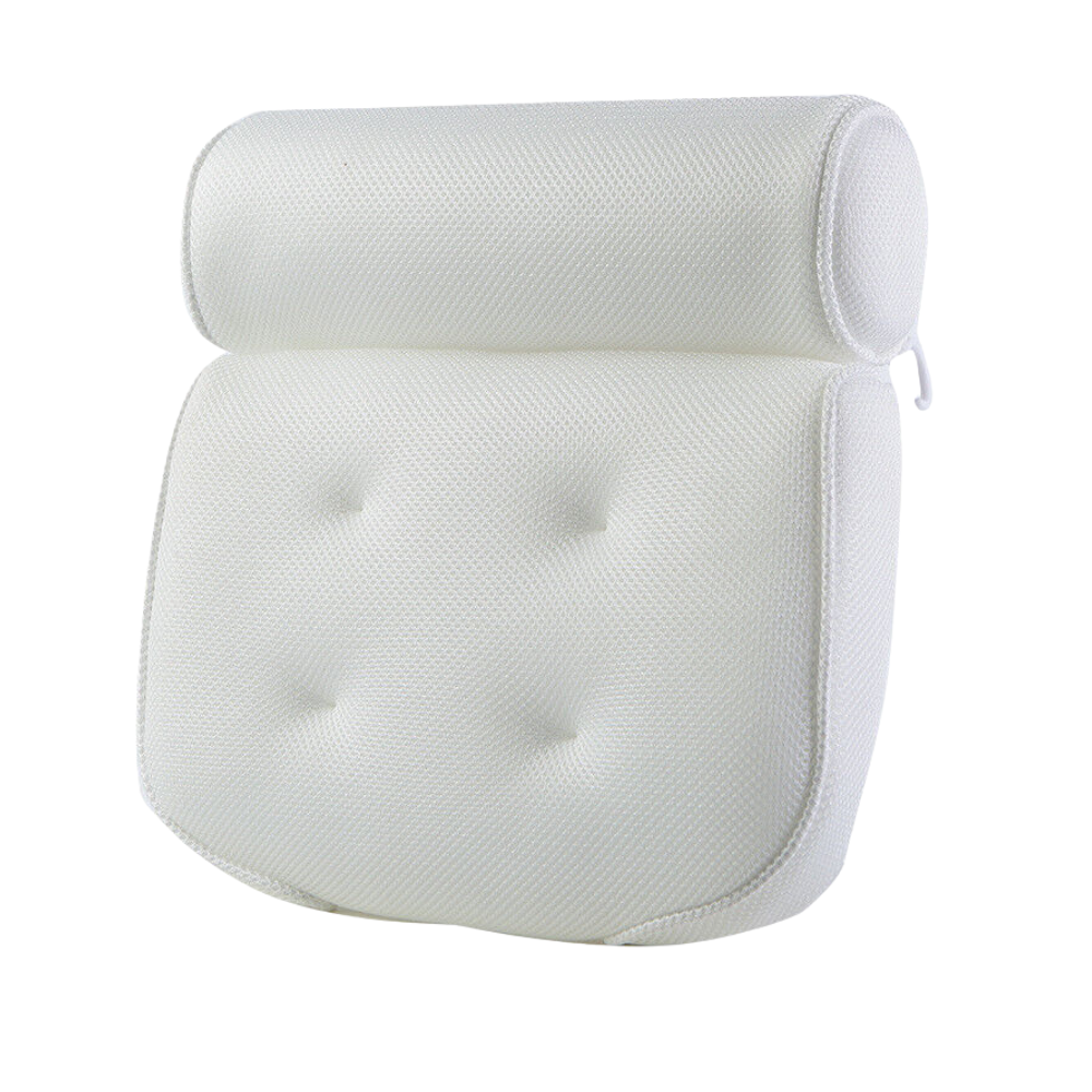 3D mesh bath pillow supporting neck and back in tub