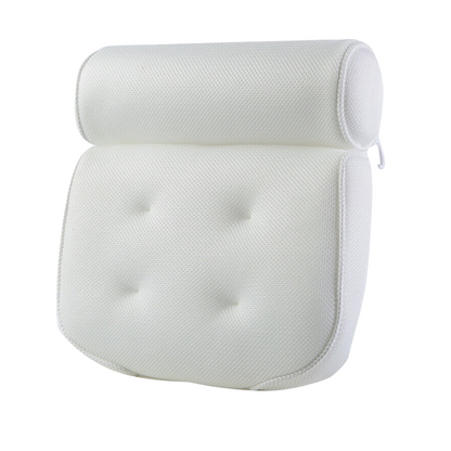 3D mesh bath pillow supporting neck and back in tub