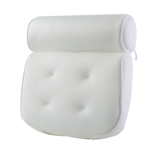 3D mesh bath pillow supporting neck and back in tub