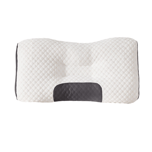 Contoured cervical neck pillow in white and grey