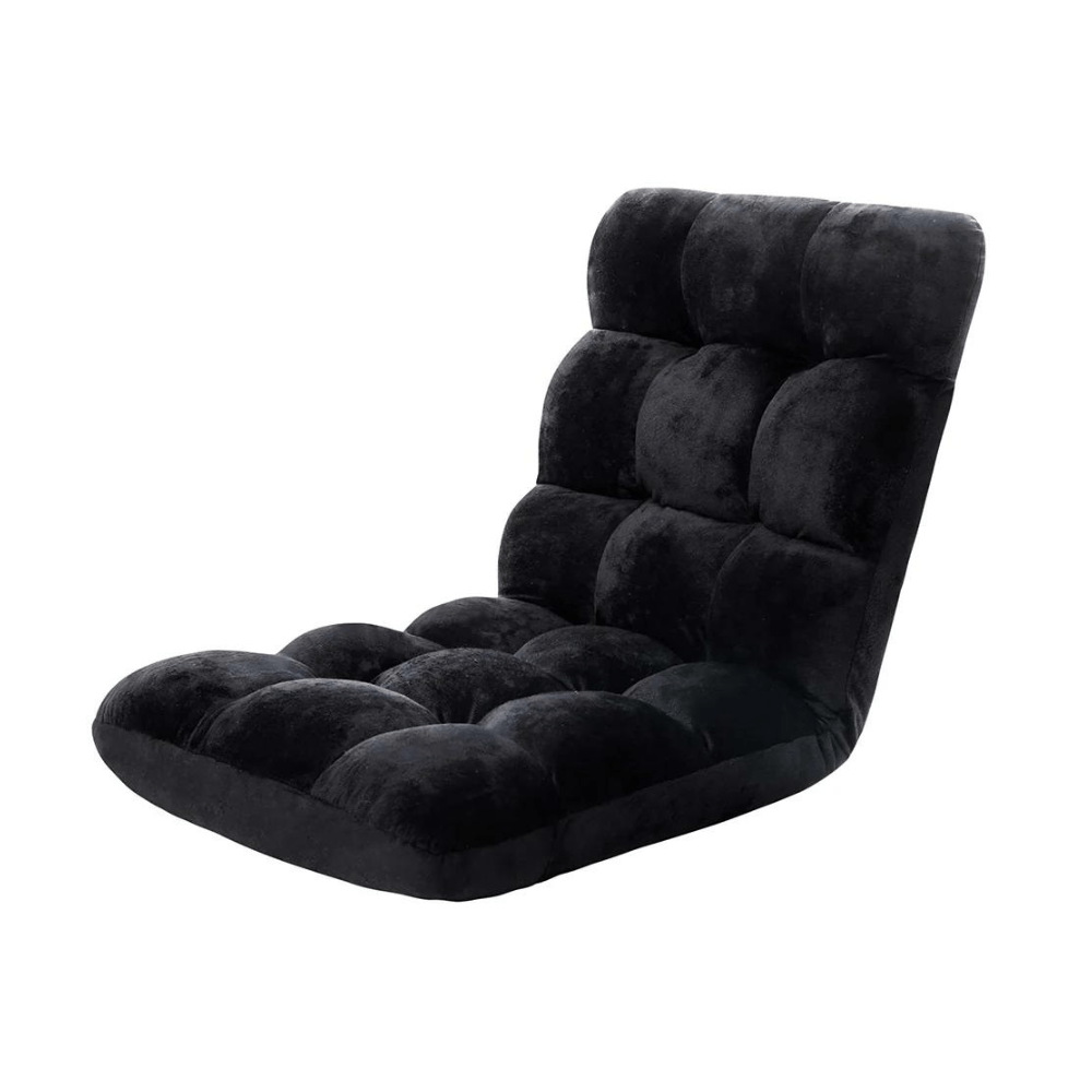 Black adjustable folding floor lounge chair, 14 positions