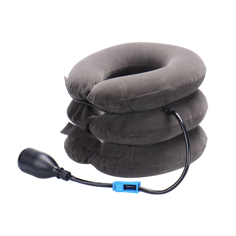 Inflatable travel neck pillow with hand pump