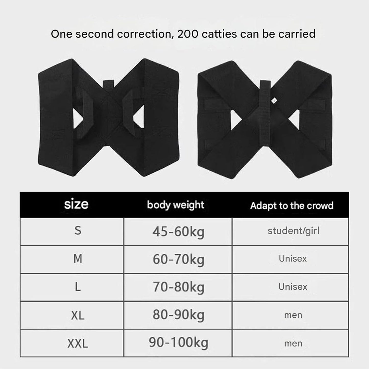 Adjustable posture corrector with size chart for students, unisex, and men