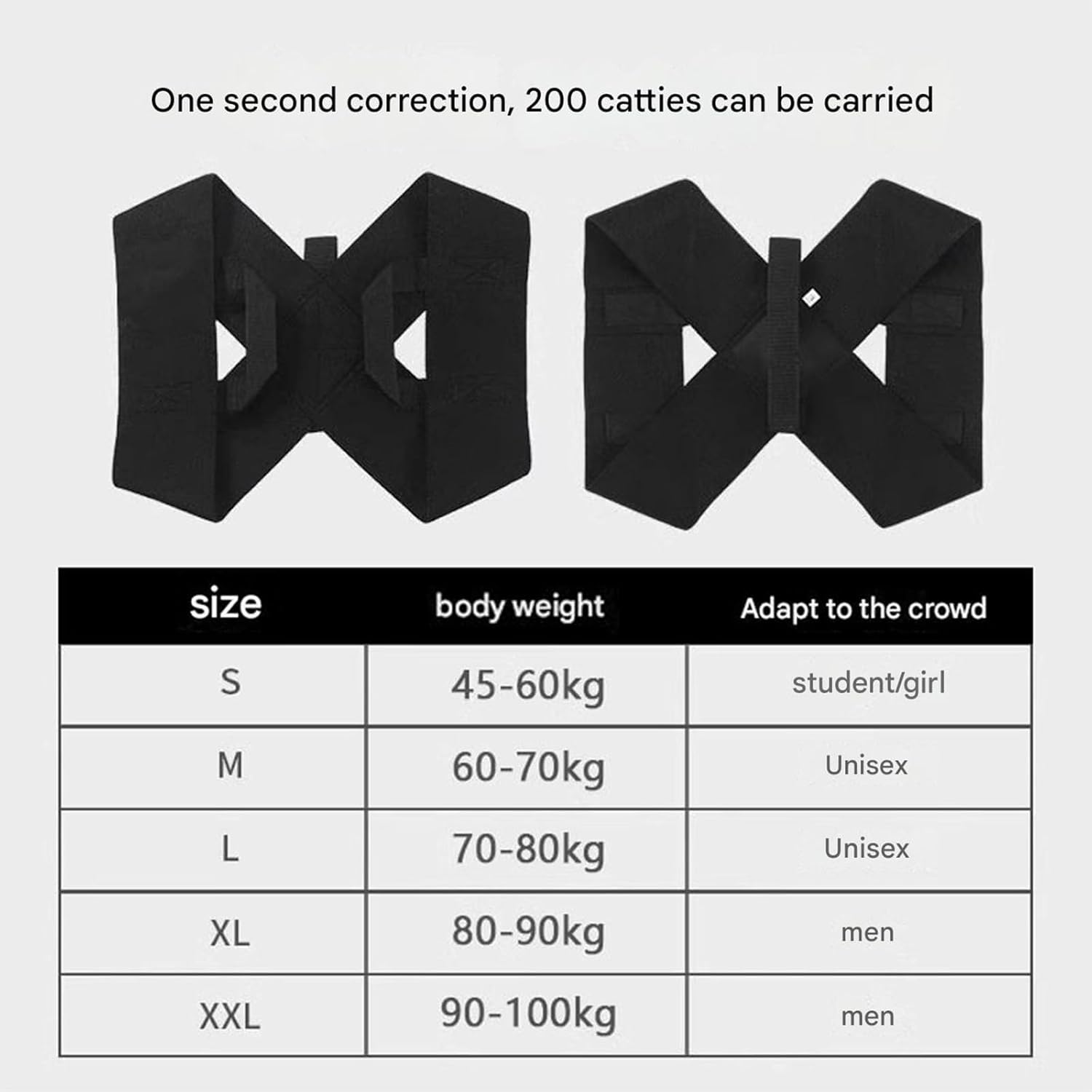 Adjustable posture corrector with size chart for students, unisex, and men