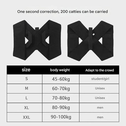 Adjustable posture corrector with size chart for students, unisex, and men