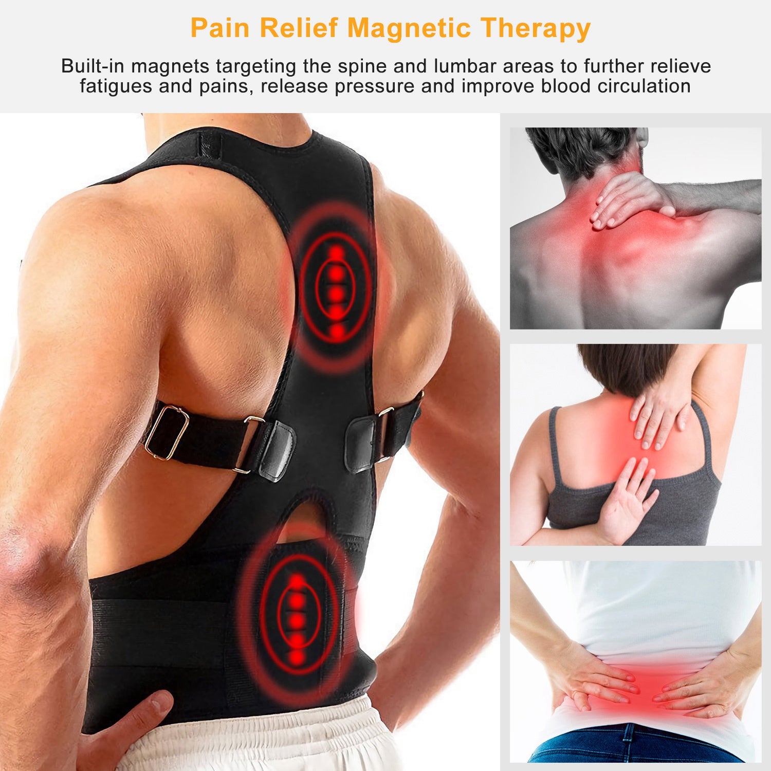 Magnetic therapy back brace for spine and lumbar pain relief with built-in magnets