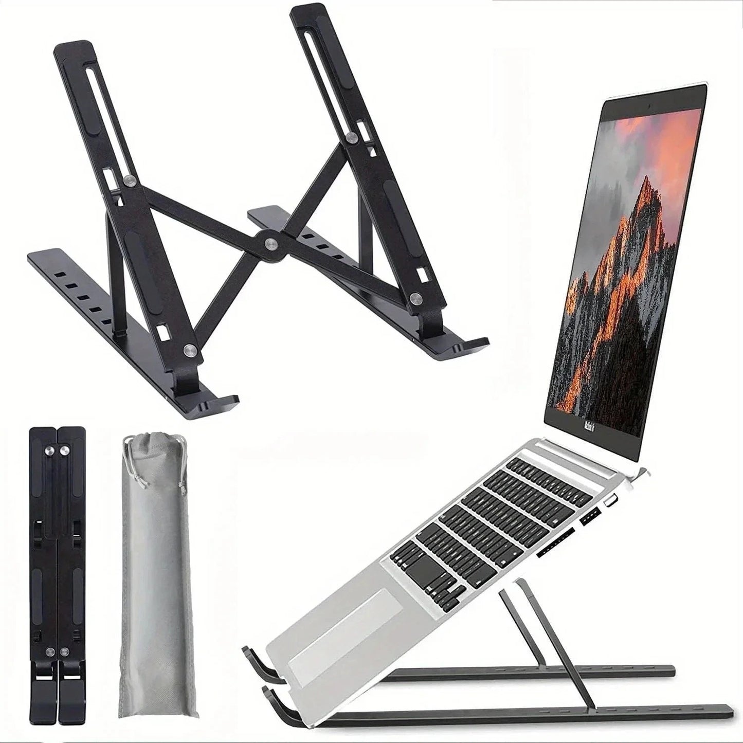Adjustable laptop stand with portable design, shown supporting a laptop and including a carrying pouch.