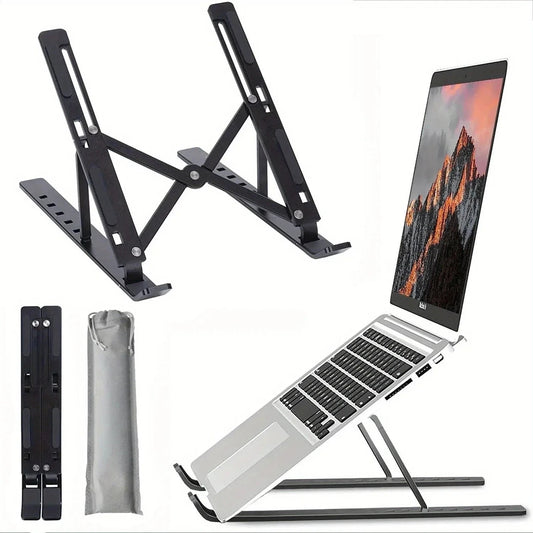 Adjustable laptop stand with portable design, shown supporting a laptop and including a carrying pouch.