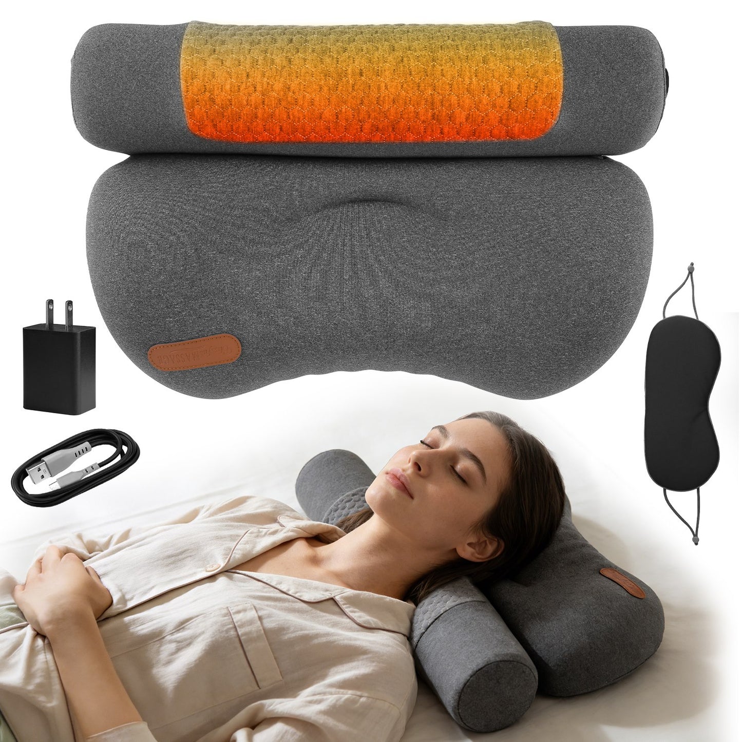 USB heated memory foam neck pillow with attached eye mask and adapter