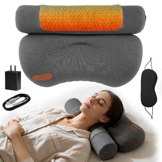 USB heated memory foam neck pillow with attached eye mask and adapter
