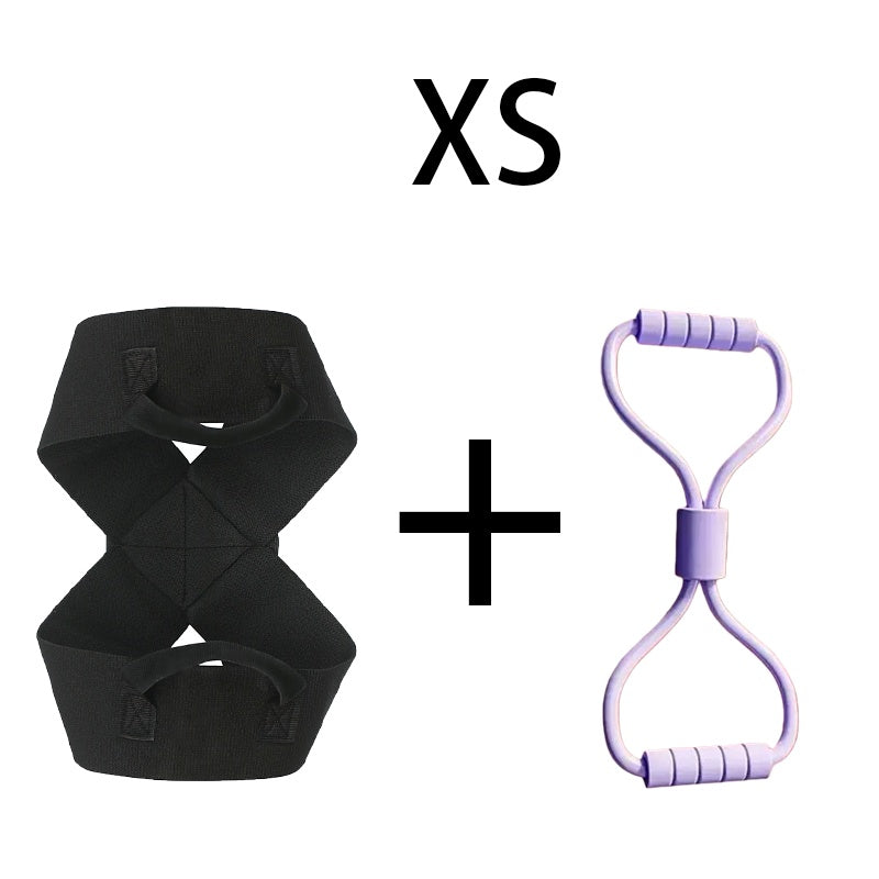 XS resistance band set with black figure-8 strap and purple loop handle for home workouts