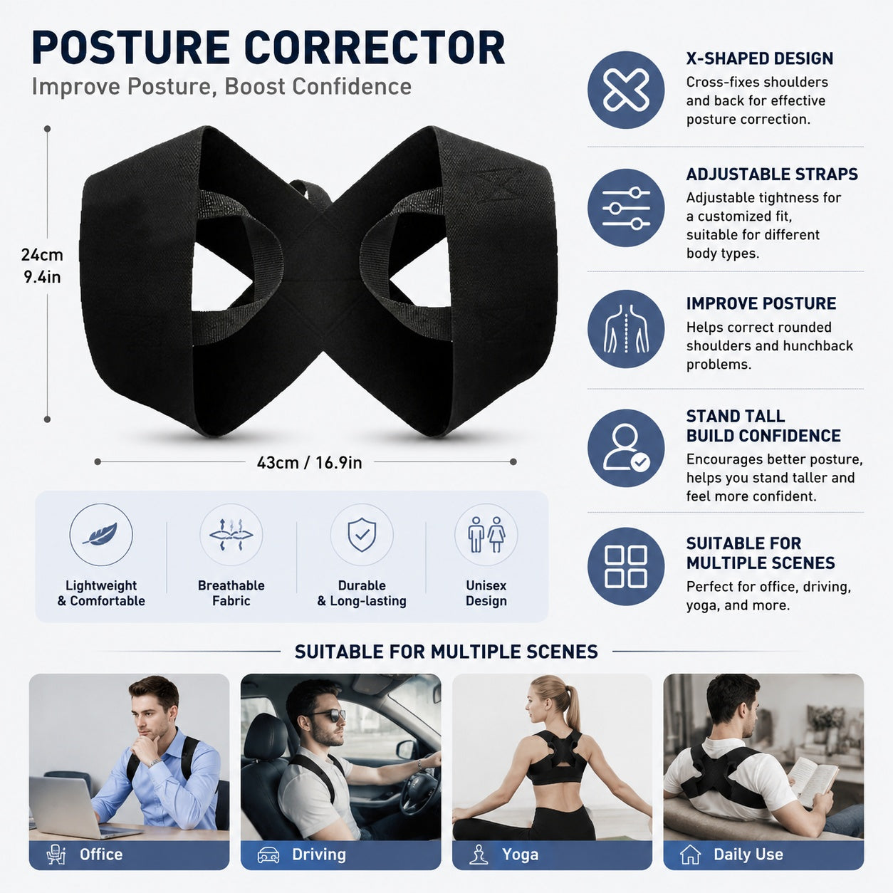 Black X-shaped posture corrector with adjustable straps for office, driving, yoga, and daily use