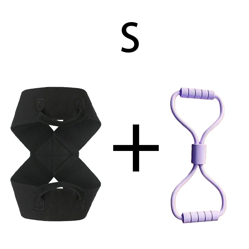 Black resistance band with handles + purple figure 8 band for home fitness workouts