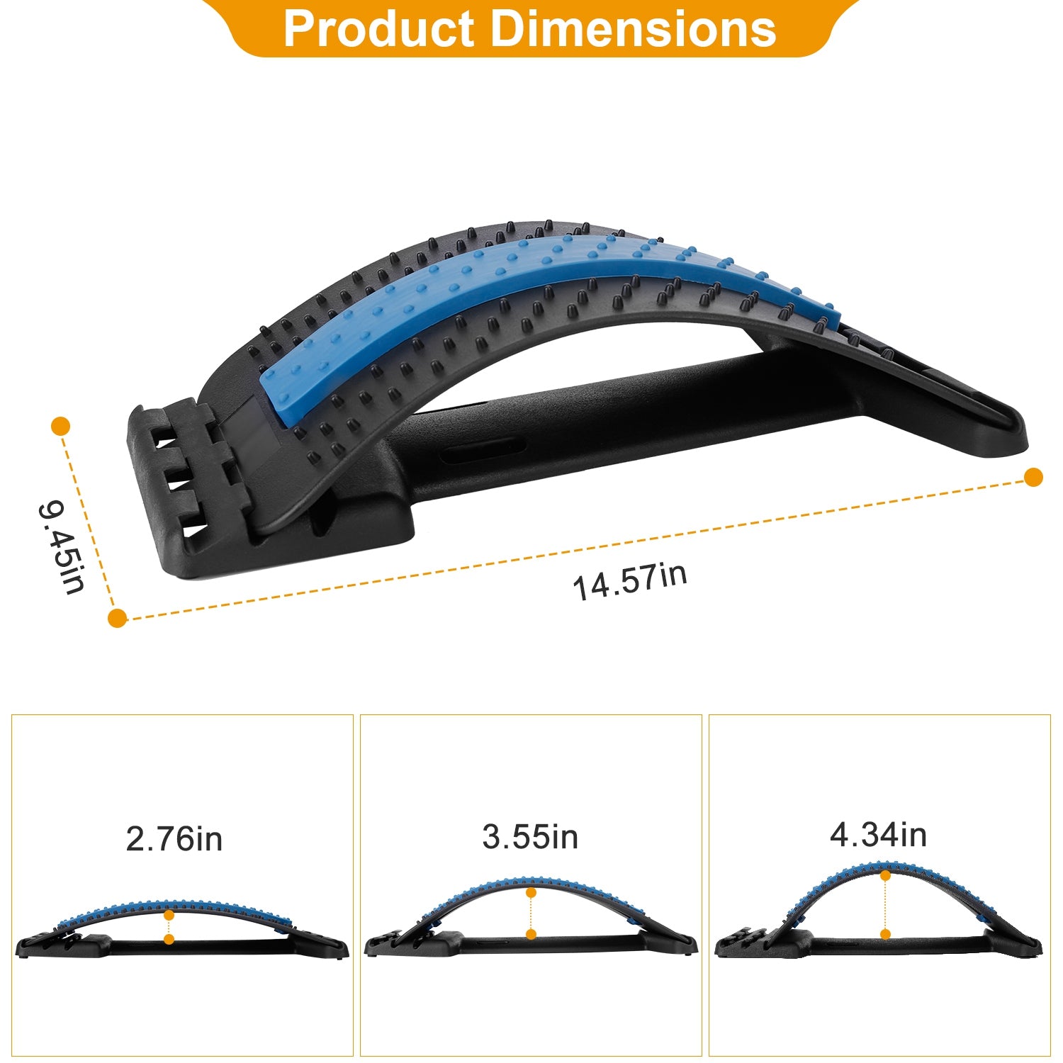 Black and blue back stretcher with dimensions for ergonomic spine alignment