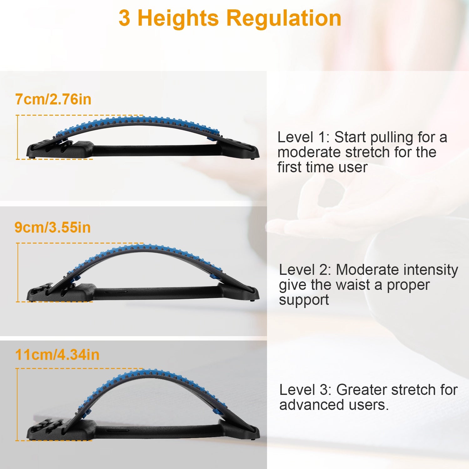 Adjustable back stretcher with 3 height levels for moderate to advanced waist support