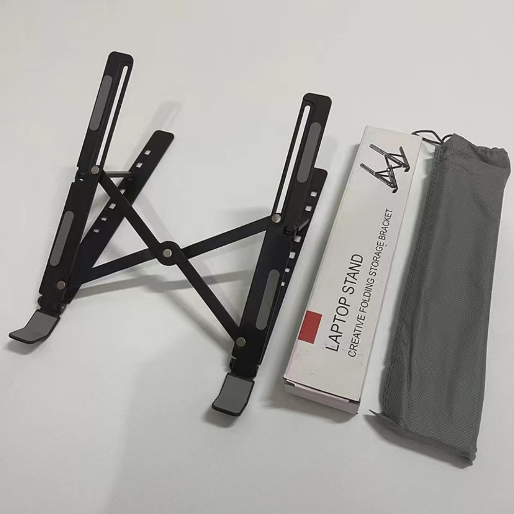 Black folding laptop stand with storage bracket and carrying pouch