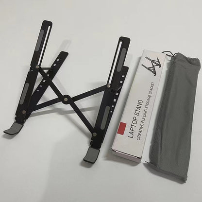Black folding laptop stand with storage bracket and carrying pouch