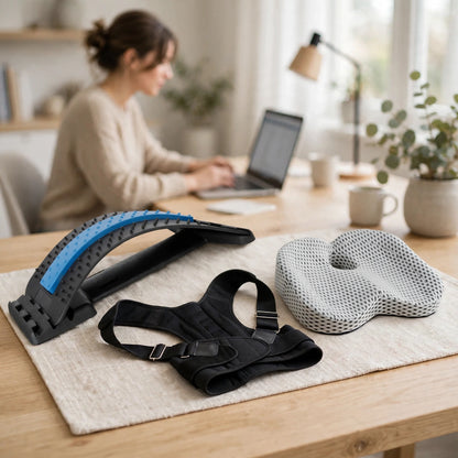 Ergonomic back support tools including posture corrector, lumbar cushion, and spine stretcher on desk