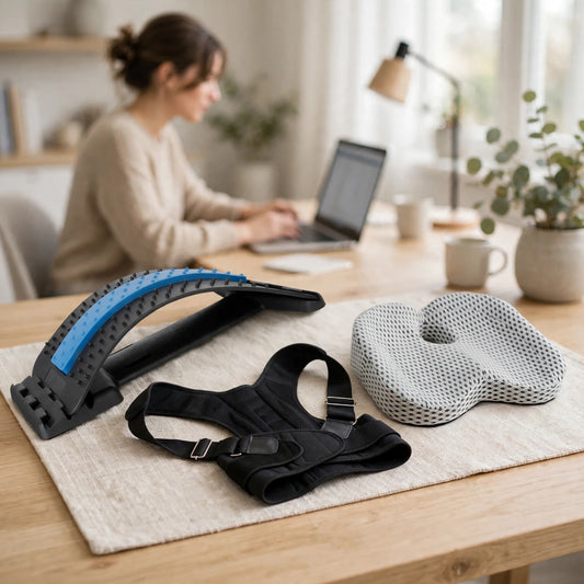 Ergonomic back support tools including posture corrector, lumbar cushion, and spine stretcher on desk