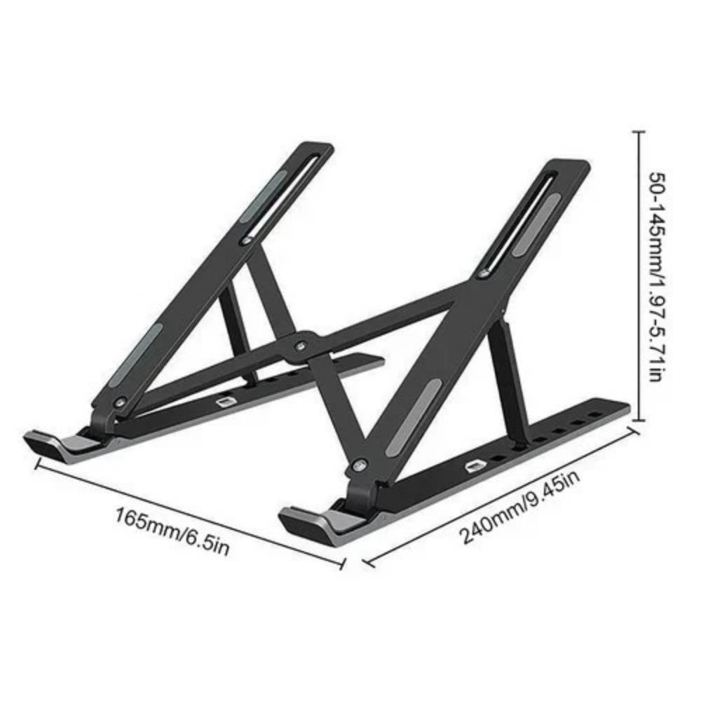 Adjustable laptop stand with dimensions for ergonomic desk setup