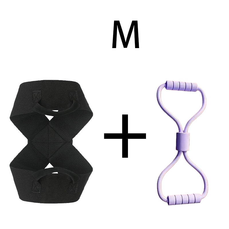 Black resistance band harness + purple figure 8 exercise band for home workouts