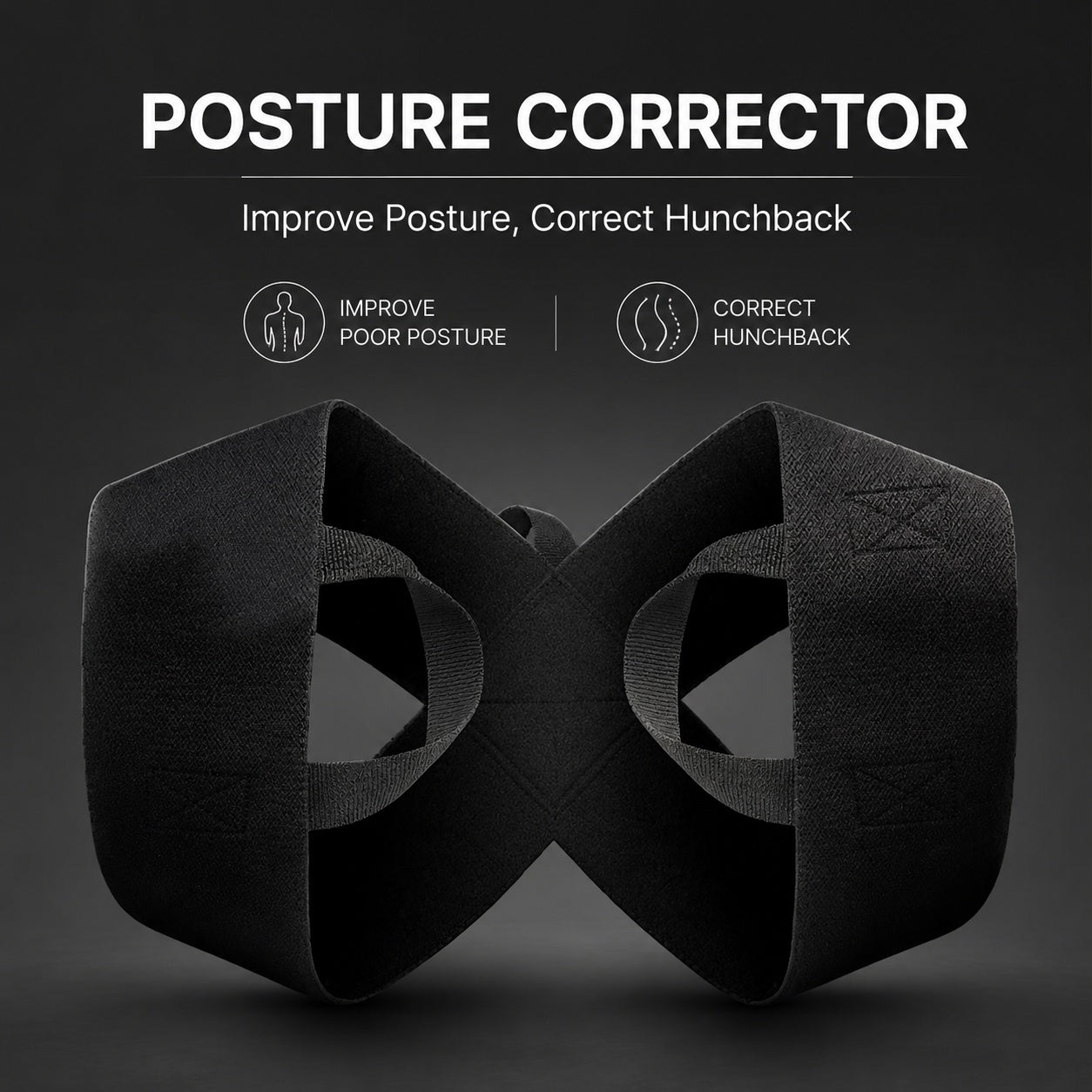 Black posture corrector for improving posture and correcting hunchback, designed for back support.