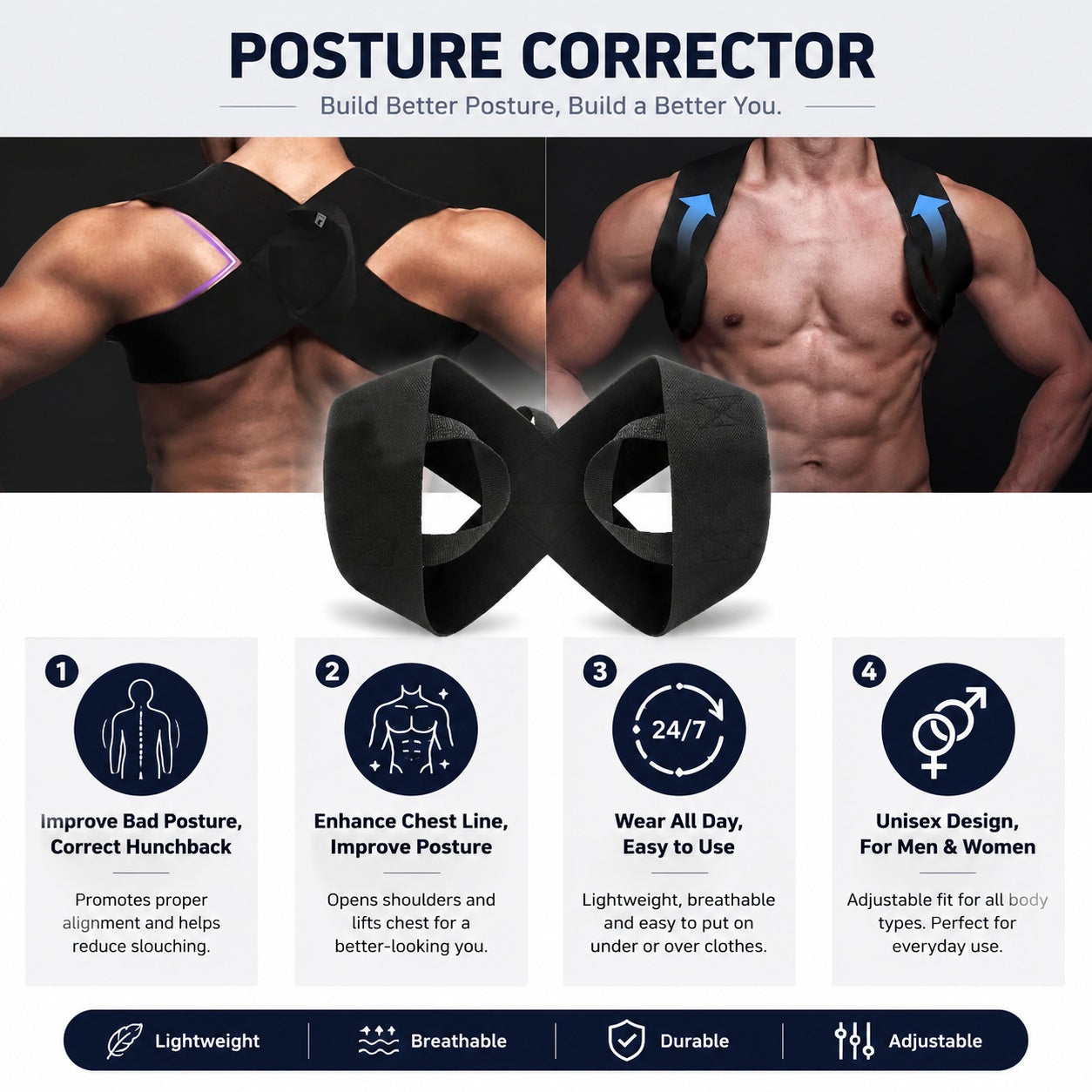 Posture corrector for men and women, improves alignment, enhances chest line, lightweight and adjustable