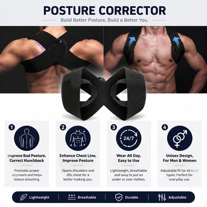 Posture corrector for men and women, improves alignment, enhances chest line, lightweight and adjustable