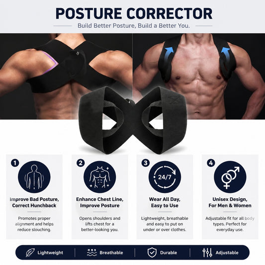 Posture corrector for men and women, improves alignment, enhances chest line, lightweight and adjustable