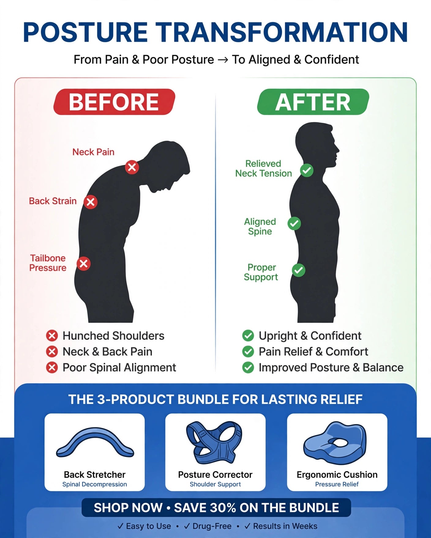 Posture transformation from pain to aligned confidence with back stretcher, posture corrector, ergonomic cushion